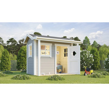 Kinderspielhaus aus Holz im Garten mit Satteldach, weißen Fensterrahmen und einer Tür mit Rautenfenster, daneben ein rotes Dreirad.