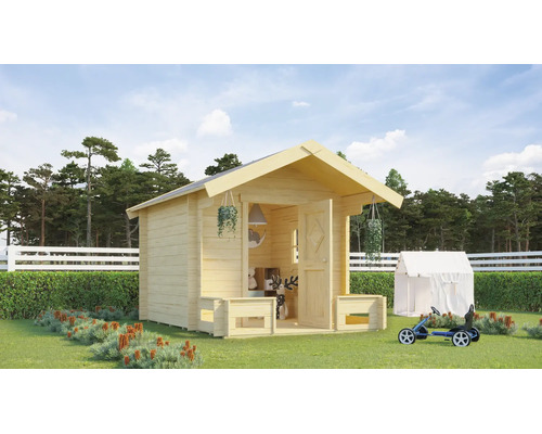 Maisonnette en bois pour enfants avec toit à deux versants dans un jardin lumineux avec clôture et jouets.