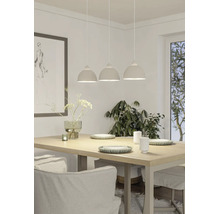 Suspension à trois abat-jour au-dessus d'une table à manger en bois. Salle à manger lumineuse avec vaisselle, vase et grande plante d'intérieur.