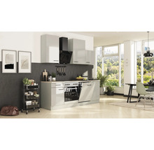 Moderne Einbauküche in Hellgrau Hochglanz mit dunkler Rückwand, Backofen, Geschirrspüler und Servierwagen in hellem, offenem Wohnbereich.