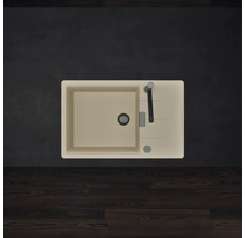 Évier de cuisine rectangulaire beige avec un bac, égouttoir et mitigeur. Vue de dessus.