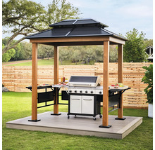 Pavillon de barbecue en bois avec toit métallique à deux niveaux, étagères latérales et barbecue à gaz sur une terrasse de jardin.