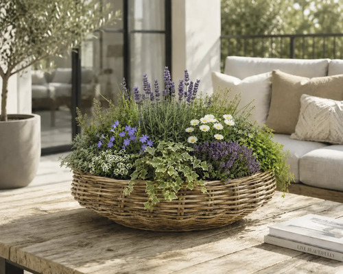 Panier tressé rond avec lavande, marguerites et lierre sur une table en bois dans un espace extérieur lumineux avec meubles de jardin.