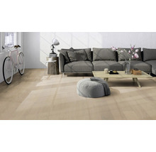 Sol clair aspect bois dans un salon moderne et lumineux avec canapé gris, table basse et un vélo contre le mur.