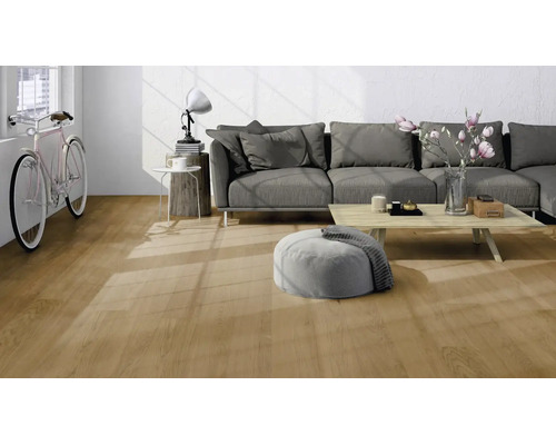 Salon moderne avec un sol clair aspect chêne, un canapé gris, une table basse en bois et un vélo contre le mur.