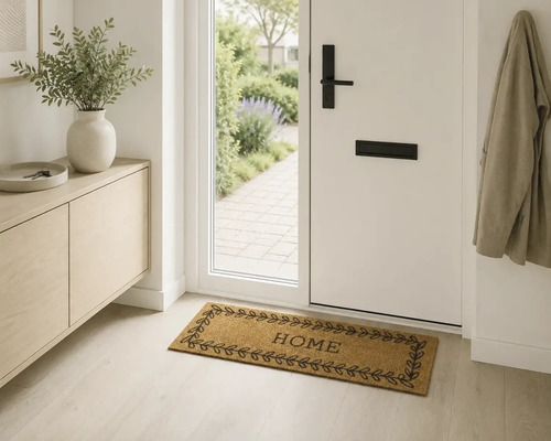 Paillasson en fibres de coco avec texte HOME et motif de feuilles dans une entrée lumineuse.