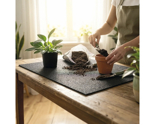 Personne rempotant une plante d'intérieur sur un tapis de jardinage avec du terreau, un pot en terre cuite et des outils sur une table en bois.