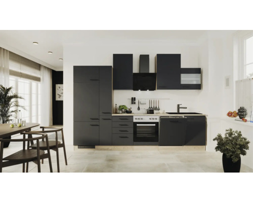 Moderne Küchenzeile in Schwarz matt mit Arbeitsplatte in Holzoptik, inklusive Backofen, Dunstabzugshaube und Geschirrspüler.