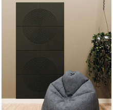 Panneaux acoustiques avec cercles concentriques au mur, devant un pouf et à côté d'une plante suspendue.