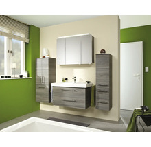 Ensemble de meubles de salle de bains moderne aspect bois comprenant meuble sous-vasque, armoire de toilette éclairée et deux colonnes.