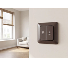 Interrupteur pour volets roulants marron foncé avec symboles de montée et descente sur un mur dans un salon lumineux.