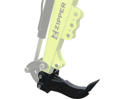Dent de dérippage Zipper pour mini-pelle ZI-MBGS600 en métal noir, montée sur le bras de pelle avec Zipper Logo.