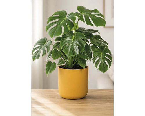 Plante d intérieur Monstera Deliciosa aux grandes feuilles vertes dans un cache-pot jaune sur une table en bois dans une pièce lumineuse.