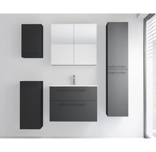 Modernes Badezimmermöbel-Set in Grau mit Waschtischunterschrank, Waschbecken, Spiegelschrank und verschiedenen Hängeschränken.