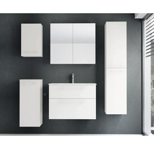 Modernes Badezimmermöbel-Set in Weiß mit Waschbeckenunterschrank, Spiegelschrank, Hochschrank und zwei weiteren Hängeschränken.