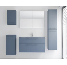 Ensemble de meubles de salle de bain moderne comprenant un meuble sous-vasque, une vasque blanche, une armoire de toilette et des colonnes.