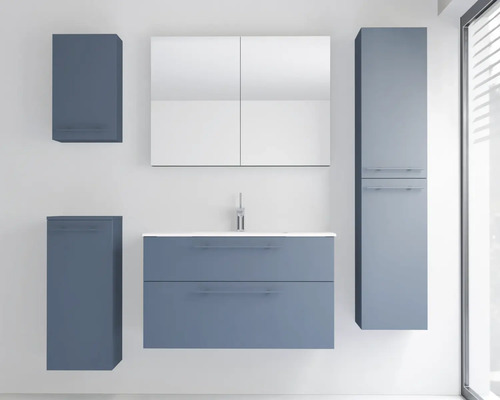 Ensemble de meubles de salle de bain moderne comprenant un meuble sous-vasque, une vasque blanche, une armoire de toilette et des colonnes.