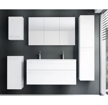 Ensemble de meubles de salle de bains moderne blanc avec double vasque, armoire de toilette, colonne et deux meubles latéraux.