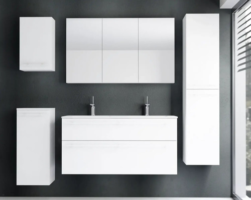 Ensemble de meubles de salle de bains moderne blanc avec double vasque, armoire de toilette, colonne et deux meubles latéraux.