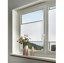Verspanntes Plissee am Fensterrahmen montiert, lichtdurchlässiger Stoff, stufenlos verstellbar, in hellem Raum mit Dekovasen auf der Fensterbank.