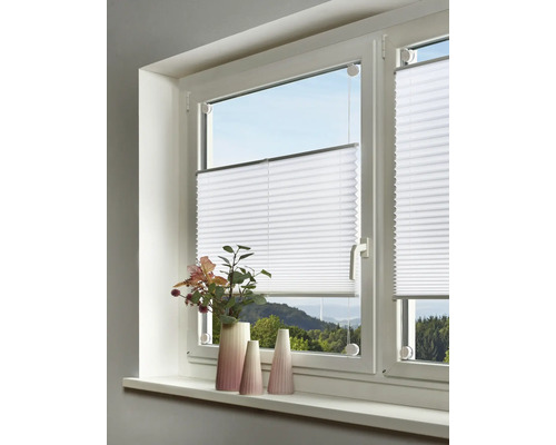 Verspanntes Plissee am Fensterrahmen montiert, lichtdurchlässiger Stoff, stufenlos verstellbar, in hellem Raum mit Dekovasen auf der Fensterbank.