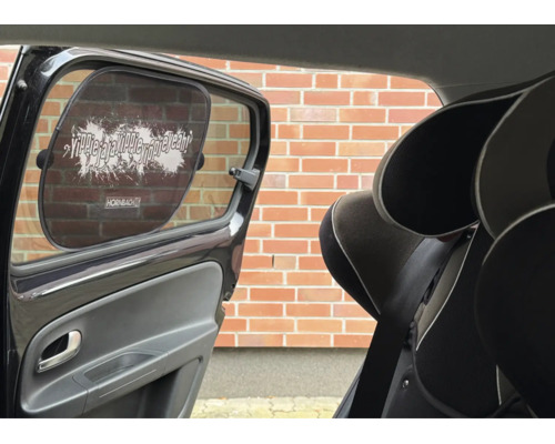 Pare-soleil pour vitre latérale de voiture avec logo Hornbach et inscription YippiejajaYippieYippieyeah.
