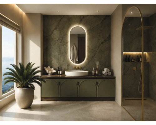 Salle de bains moderne avec meuble sous-vasque, vasque à poser, miroir ovale rétroéclairé, carrelage aspect pierre et paroi de douche en verre.