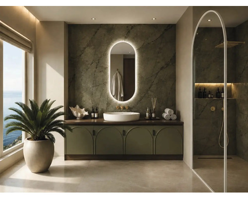 Salle de bains moderne avec meuble vert olive, vasque à poser blanche, miroir ovale rétroéclairé, mur en marbre et douche à l'italienne.
