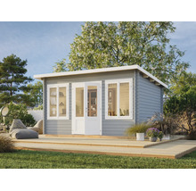 Abri de jardin moderne en bois gris avec double porte, fenêtres blanches et toit en appentis sur une terrasse en bois.