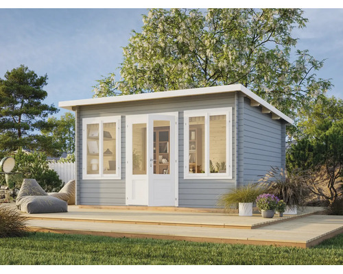 Abri de jardin moderne en bois gris avec double porte, fenêtres blanches et toit en appentis sur une terrasse en bois.