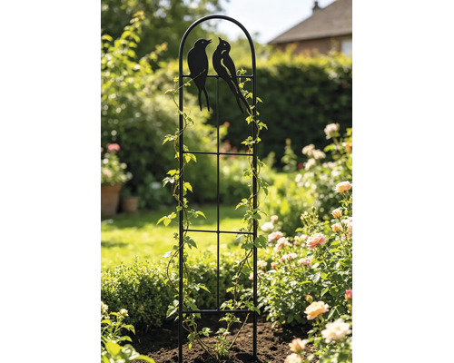 Tuteur en métal noir avec motifs d oiseaux dans un jardin, avec plantes grimpantes à côté de rosiers.