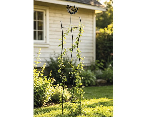 Support de jardin en métal noir avec un sommet décoratif en forme de fleur, portant une plante grimpante dans un jardin ensoleillé.