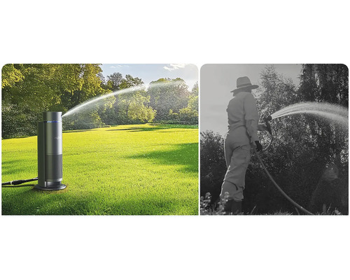 Comparaison entre un arroseur de pelouse automatique sur une surface verte et un arrosage manuel avec un tuyau d'arrosage.