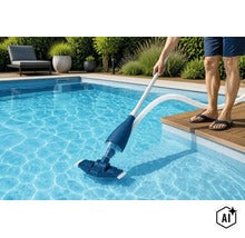 Une personne nettoie une piscine avec un aspirateur de piscine manuel à manche sur une terrasse en bois. (Image AI modified or generated)
