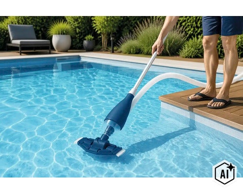 Une personne nettoie une piscine avec un aspirateur de piscine manuel à manche sur une terrasse en bois. (Image AI modified or generated)