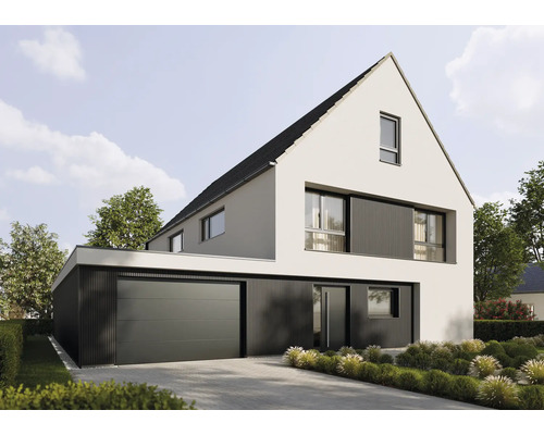 Maison moderne à deux étages avec toit à deux pans, façade claire, bardage métallique sombre, porte sectionnelle et jardin aménagé.