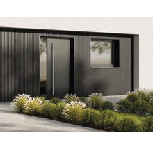 Entrée de maison moderne avec porte d'entrée sombre, façade à lamelles verticales et jardin soigné avec graminées et buissons.