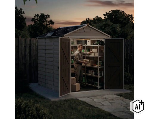 Un homme range des cartons dans un abri de jardin spacieux en plastique avec des doubles portes ouvertes et des étagères au crépuscule. (Image AI modified or generated)