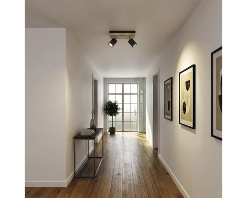 Spot de plafond à 2 lampes compatible avec 2 ampoules GU10/7 W L x l 15,5 x 25 cm Cembrano noir/teinté bois/chrome