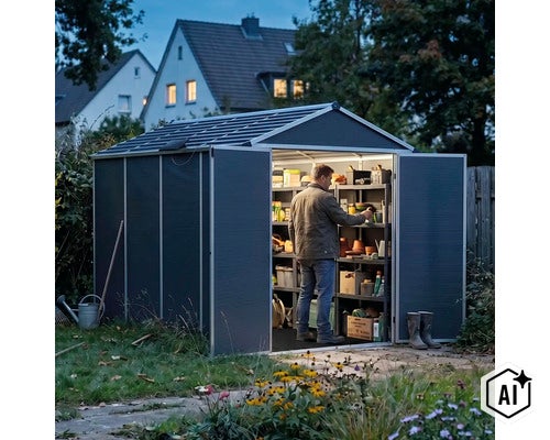 Abri de jardin avec toit solaire et éclairage intégré, un homme range des objets sur les étagères à l'intérieur. (Image AI modified or generated)