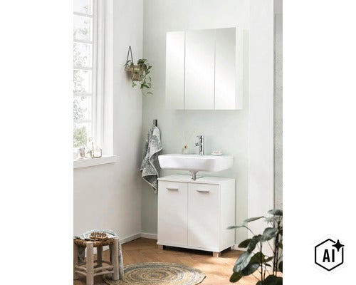 Modernes Badezimmer-Set bestehend aus weißem Waschbecken, Unterschrank mit zwei Türen und dreitürigem Spiegelschrank auf hellem Holzboden. (Image AI modified or generated)