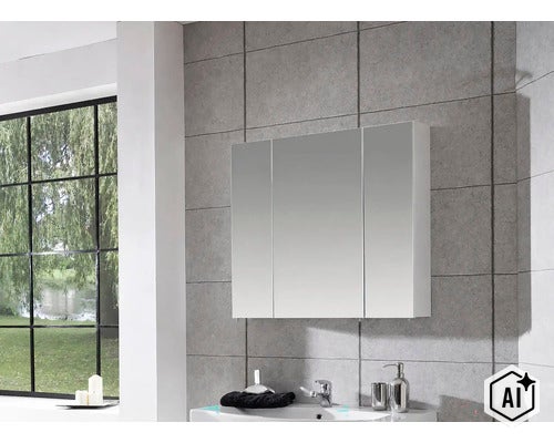 Armoire de toilette à trois portes dans la salle de bains, fixée sur un mur carrelé gris au-dessus d'un lavabo. (Image AI modified or generated)