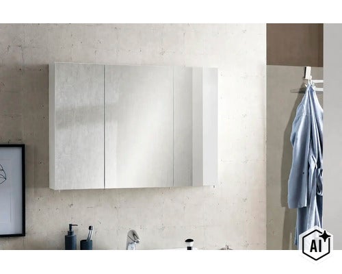 Spiegelschrank mit drei Türen für das Badezimmer, an einer strukturierten Wand montiert. (Image AI modified or generated)