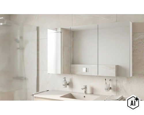Armoire de toilette à trois portes au-dessus d'un lavabo moderne dans une salle de bains avec carrelage clair et paroi de douche en verre. (Image AI modified or generated)