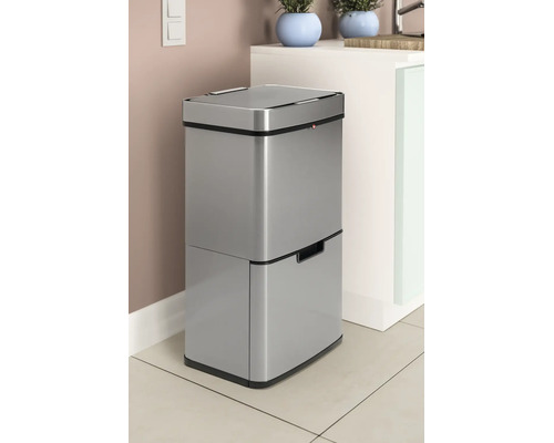 Système de tri des déchets en métal avec deux compartiments et couvercle pour la cuisine.