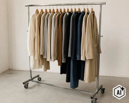 Portant à vêtements mobile en métal sur roulettes avec barre réglable en hauteur et vêtements sur cintres en bois. (Image AI modified or generated)