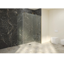 Salle de bains moderne avec douche italienne en verre devant un mur aspect marbre, à côté de toilettes suspendues.