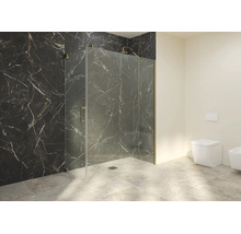 Douche à l'italienne en verre transparent avec fixations dorées devant un mur en marbre noir dans une salle de bain moderne.