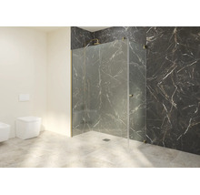 Salle de bains moderne avec douche à l'italienne en verre, robinetterie en laiton, carrelage mural aspect marbre noir et carrelage de sol clair.