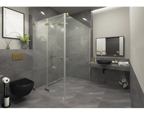 Salle de bains moderne avec carrelage gris, cabine de douche en verre avec détails dorés, WC noir et vasque avec robinet doré.